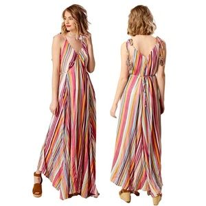 Altar’d State Quesada Striped Maxi Dress Tie Shoulder &  Waist Front Slit size S